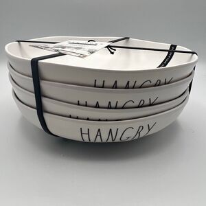 Rae Dunn HANGRY Melamine 9In Dinner Bowls White Black Set of 4